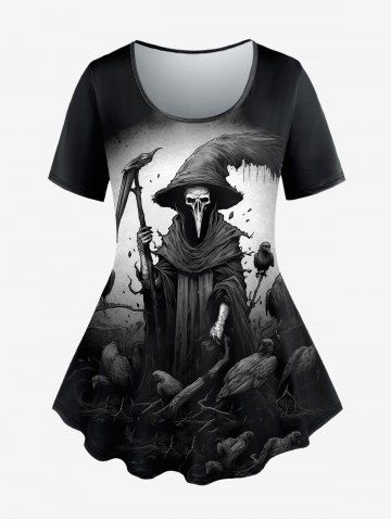 Gothic Wizard Skeleton Birds Print T-shirt