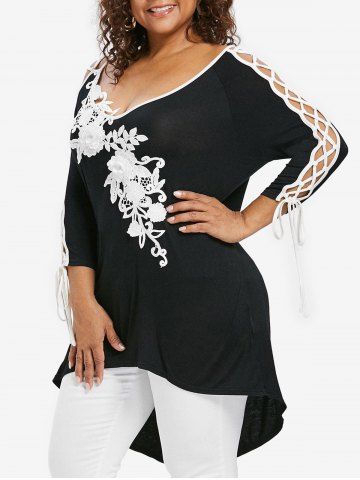 Plus Size Braided Sleeves Appliqued Flowers T-shirt - BLACK - L | US 12