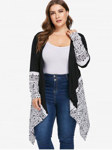 Plus Size Colorblock Musical Notes Print Cardigan