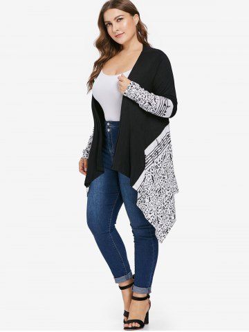 Plus Size Colorblock Musical Notes Print Cardigan