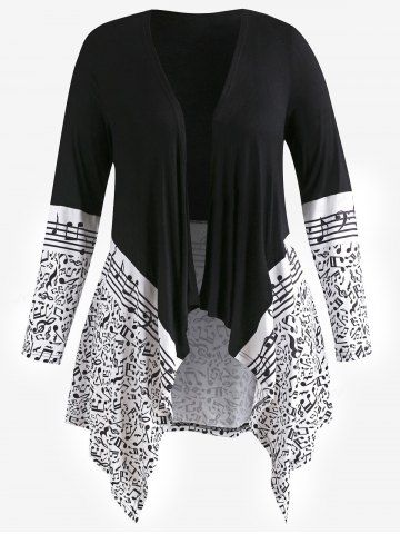 Plus Size Colorblock Musical Notes Print Cardigan