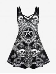 Gothic Skulls Galaxy Floral Print Crisscross Cami Dress -  