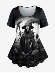 T-shirt Gothique Squelette et Oiseau Imprimés - Noir 5X