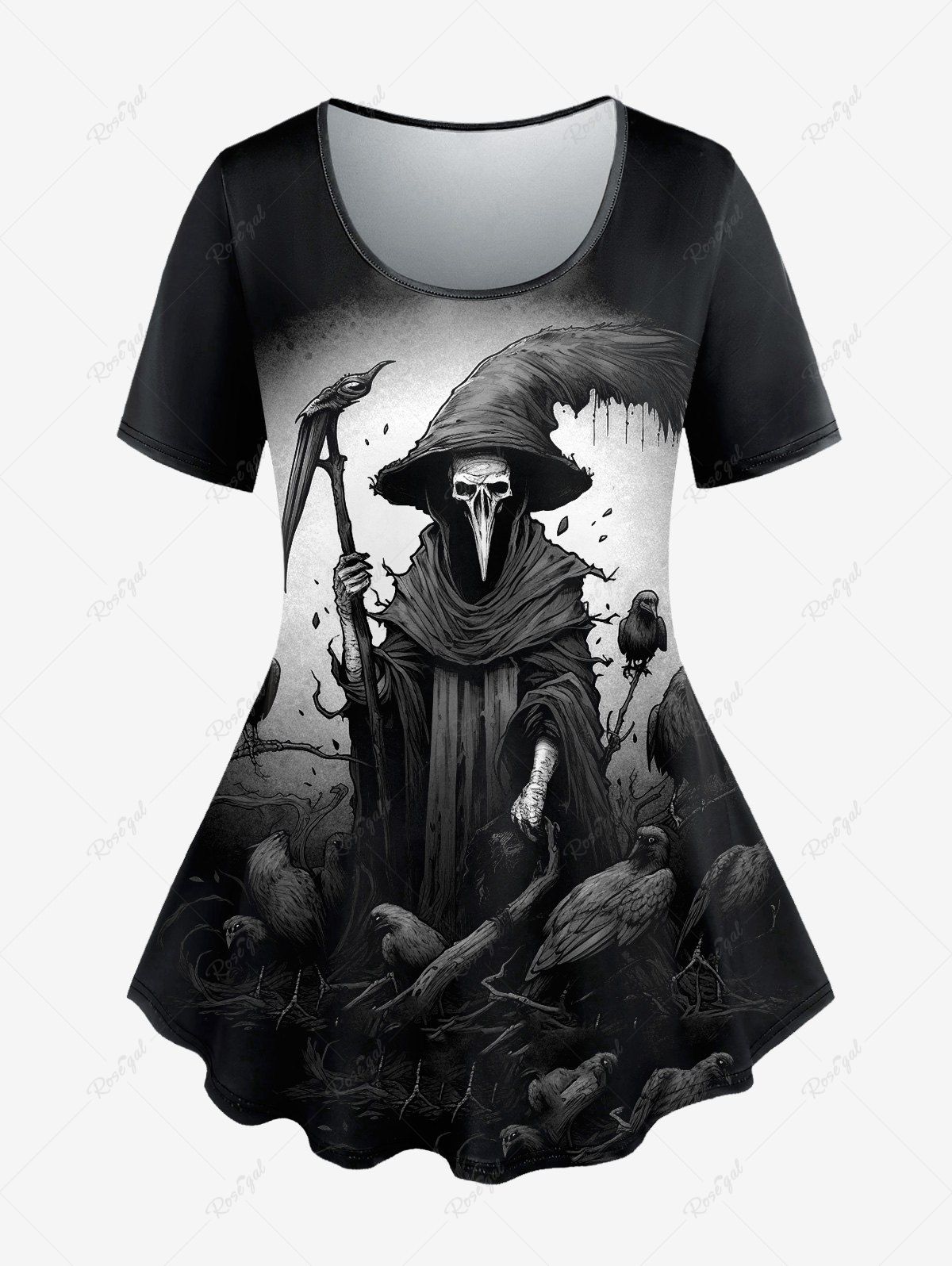 T-shirt Gothique Squelette et Oiseau Imprimés Noir 5X