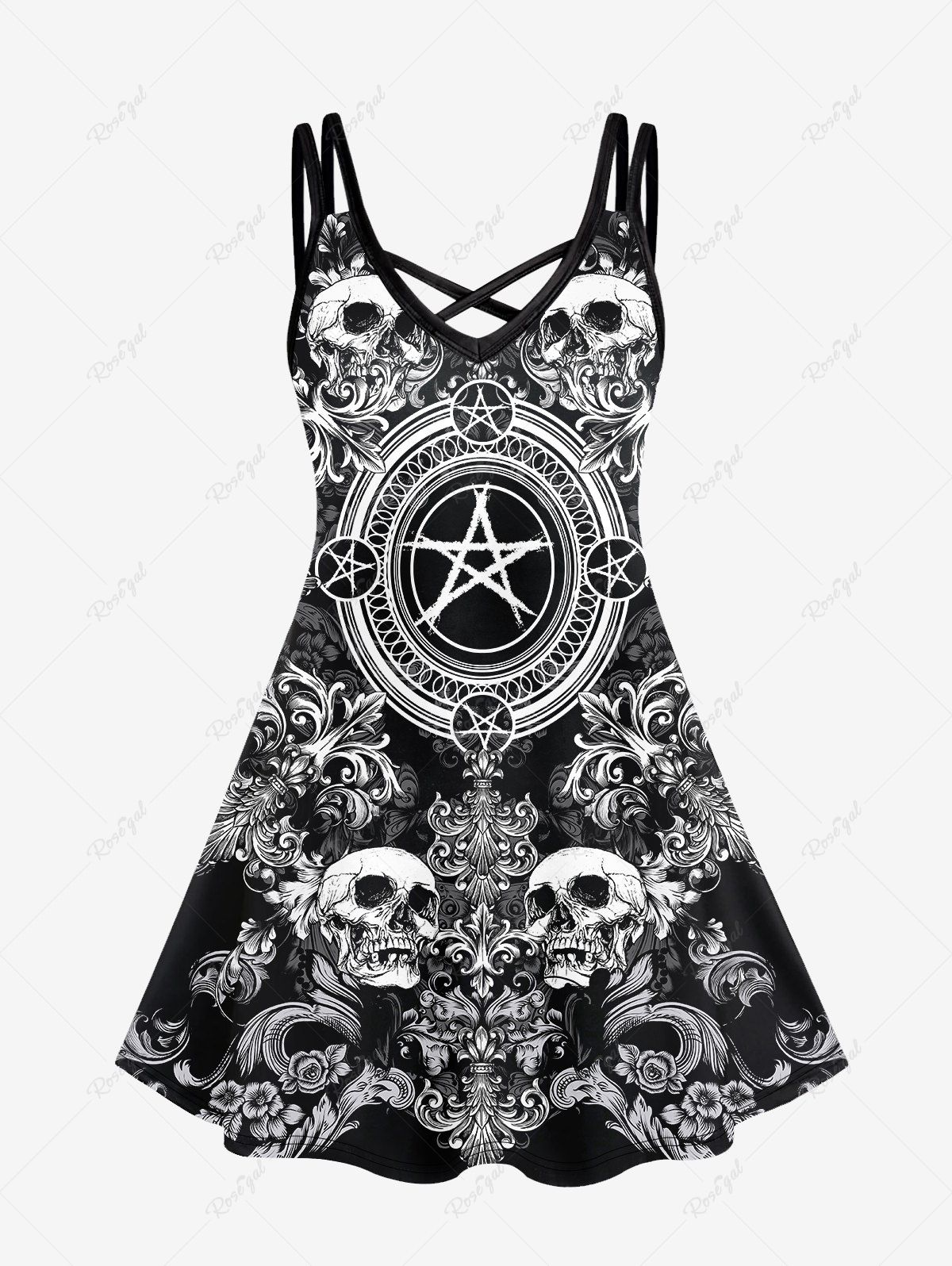 Outfits Gothic Skulls Galaxy Floral Print Crisscross Cami Dress  