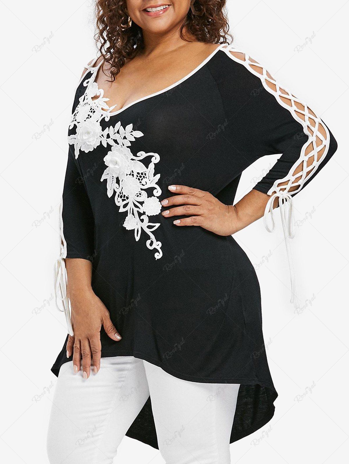 Online Plus Size Braided Sleeves Appliqued Flowers T-shirt  