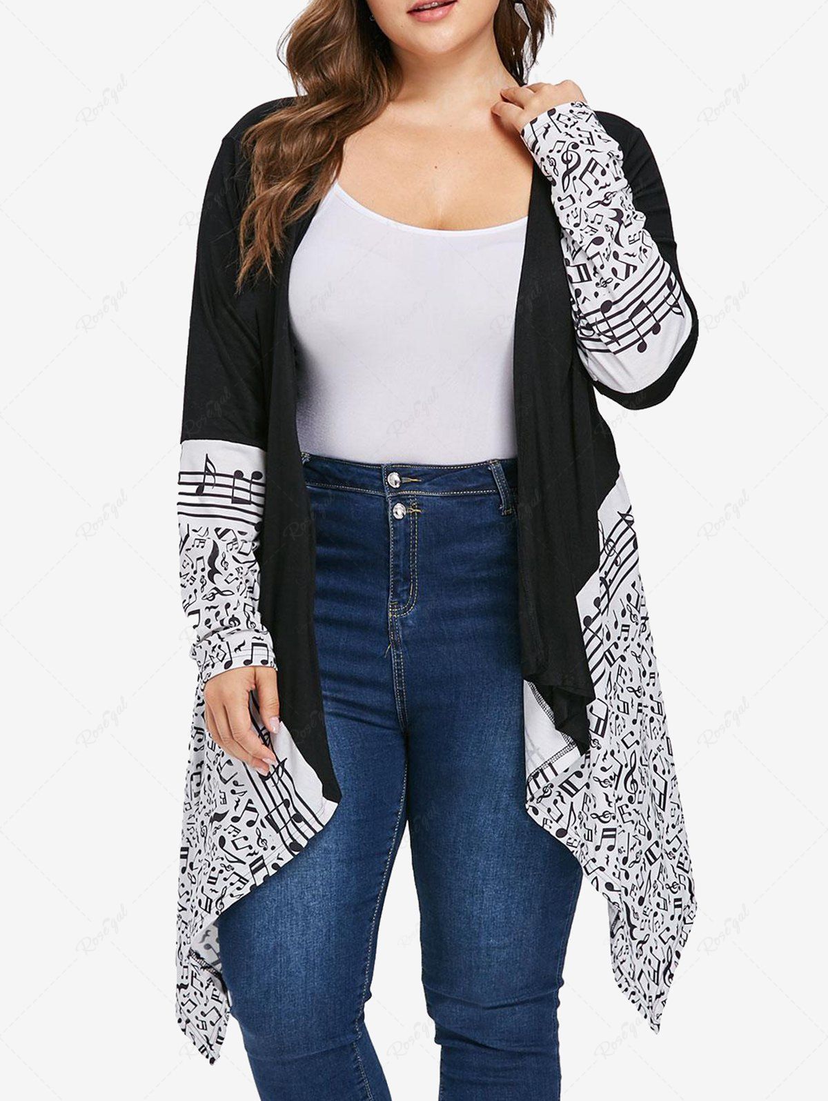 Store Plus Size Colorblock Musical Notes Print Cardigan  
