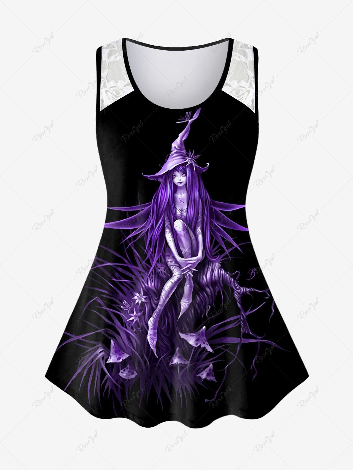Best Halloween Plus Size Lace Witch Plant Print Tank Top  