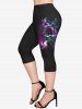 Plus Size Lace Insert Flower Pigeon Cross Colorblock Printed Tank Top and Pockets Capri Leggings Outfit -  