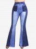 3D Pockets Buttons Denim Print T-shirt and Flare Pants Plus Size 70s 80s Outfits -  