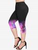 Legging Capri Ombré Fleuri Imprimé avec Poche de Grande Taille - Noir M