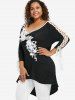 Plus Size Braided Sleeves Appliqued Flowers T-shirt -  