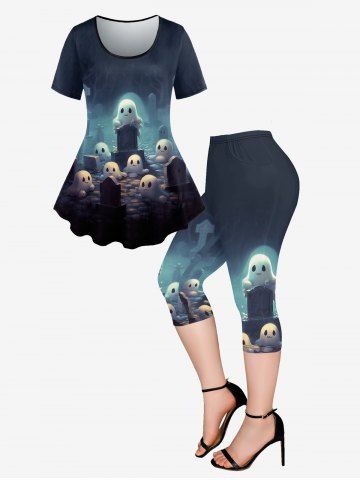 Ghost Cross Tombstone Print T-shirt And Ghost Cross Tombstone Print Pockets Capri Leggings Gothic Outfit