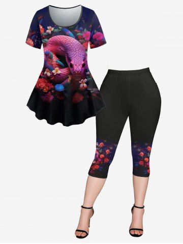 Snake Flower Print T-shirt And Flower Snake Print Pockets Capri Leggings Gothic Outfit - BLACK