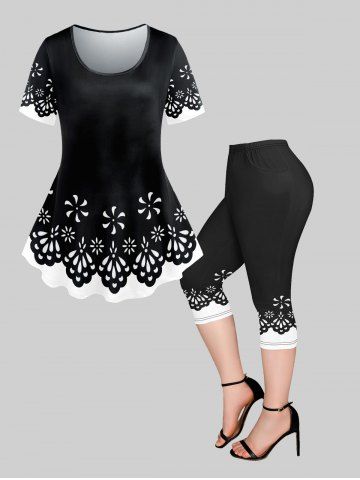Floral Printed Short Sleeves T-shirt and Pocket Capri Leggings Plus Size Matching Set