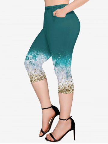 Plus Size Waves Ombre Sequins Print Pocket Cropped Leggings - LIGHT GREEN - 4X