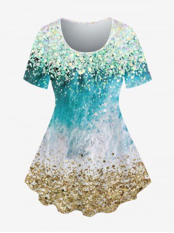Plus Size Waves Sequins Glitter Print Short Sleeves T-shirt - LIGHT GREEN - S