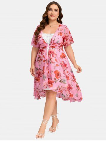 Plus Size Lace-trim Cami Dress and Floral Chiffon Draped Midi Butterfly Sleeve Dress - LIGHT PINK - L | US 12