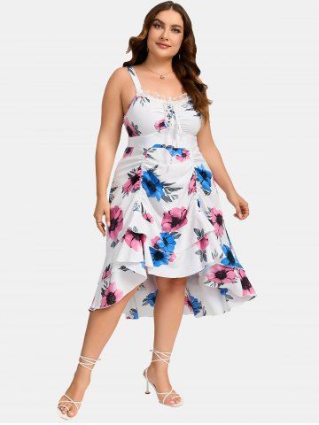 Plus Size 3D Floral Printed Ruched Lace Up Cisscross Cinched Spaghetti Strap Dress