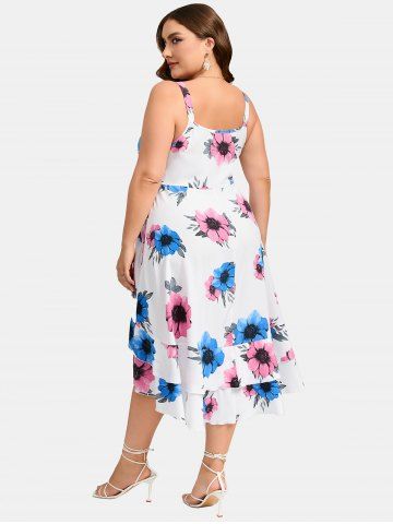 Plus Size 3D Floral Printed Ruched Lace Up Cisscross Cinched Spaghetti Strap Dress