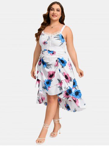 Plus Size 3D Floral Printed Ruched Lace Up Cisscross Cinched Spaghetti Strap Dress