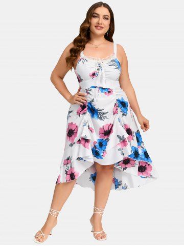 Plus Size 3D Floral Printed Ruched Lace Up Cisscross Cinched Spaghetti Strap Dress