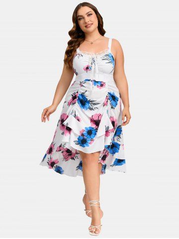 Plus Size 3D Floral Printed Ruched Lace Up Cisscross Cinched Spaghetti Strap Dress - WHITE - 3X | US 22-24