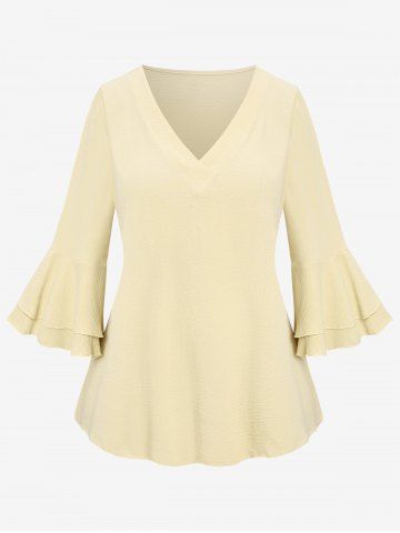 Plus Size Layered Bell Sleeves T-shirt - LIGHT COFFEE - M