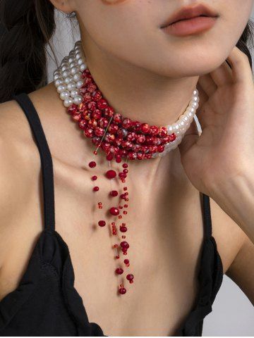 Gothic Faux Bloody Pearl Tassel Choker Necklace - RED