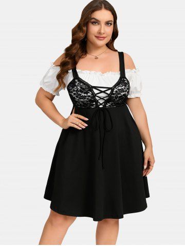 Plus Size Lace-up Ruffles Pocket Lace Panel Cold Shoulder Vintage Dress