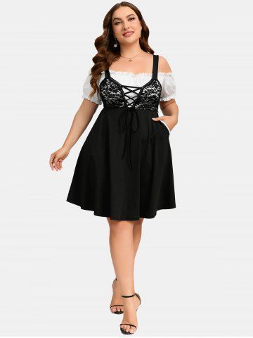 Plus Size Lace-up Ruffles Pocket Lace Panel Cold Shoulder Vintage Dress