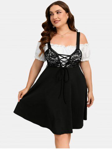 Plus Size Lace-up Ruffles Pocket Lace Panel Cold Shoulder Vintage Dress