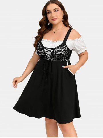Plus Size Lace-up Ruffles Pocket Lace Panel Cold Shoulder Vintage Dress