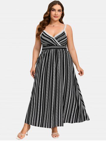 Plus Size Lace Trim Ethnic Print Surplice Dress - BLACK - 4X | US 26-28