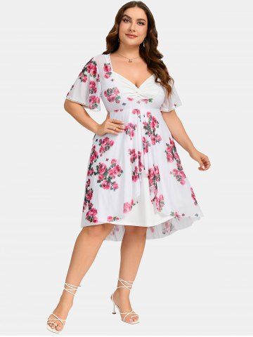 Plus Size Twist Lace Trim Belt Layered Flower Print Dress (Adjustable Shoulder Strap)