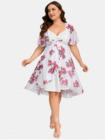 Plus Size Twist Lace Trim Belt Layered Flower Print Dress (Adjustable Shoulder Strap) - WHITE - 1X | US 14-16