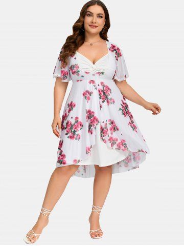 Plus Size Twist Lace Trim Belt Layered Flower Print Dress (Adjustable Shoulder Strap)
