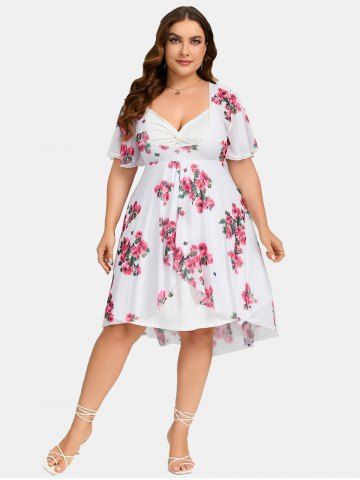 Plus Size Twist Lace Trim Belt Layered Flower Print Dress (Adjustable Shoulder Strap)