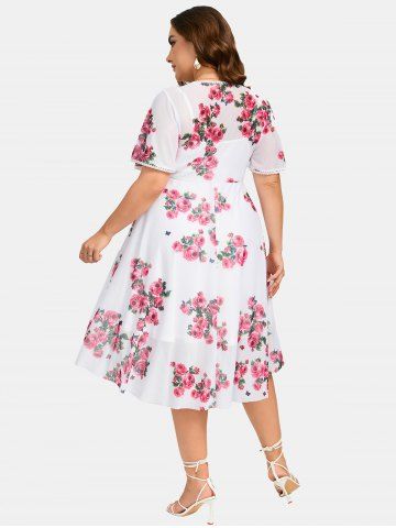 Plus Size Twist Lace Trim Belt Layered Flower Print Dress (Adjustable Shoulder Strap)