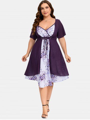 Plus Size Lace Up Chiffon Flower Print Surplice Dress - PURPLE - 4X | US 26-28