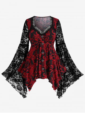 Gothic Paisley Print Floral Lace Heart Buttons T-shirt