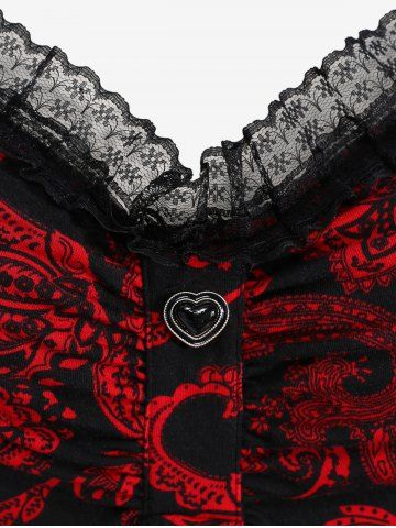Gothic Paisley Print Floral Lace Heart Buttons T-shirt