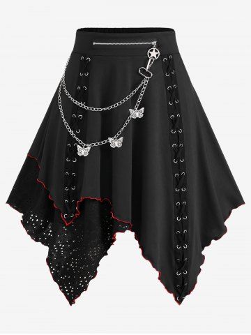 Plus Size Butterfly Chains Lace Up Grommets Zipper Asymmetrical Skirt - BLACK - L | US 12