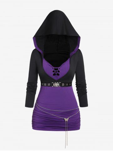Plus Size Ruched Buckle Butterfly Chain Grommet Hooded T-shirt - PURPLE - L | US 12