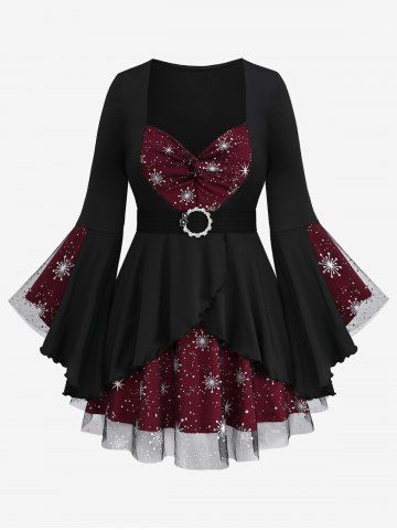Plus Size Christmas Snowflake Silver Stamping Mesh Twist Ruffles Layered Flower Buckle Belt Flare Sleeve Top - BLACK - L | US 12