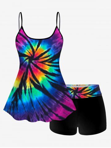 Tie Dye Print Padded Boyleg Tankini Swimsuit (Adjustable Shoulder Strap) - MULTI-A - S