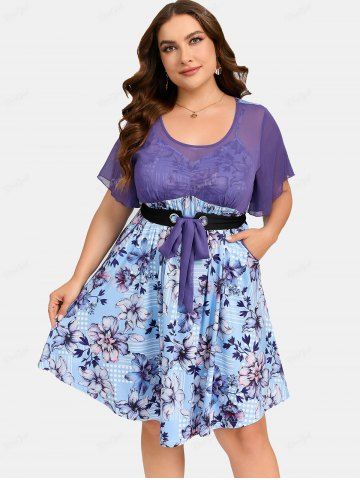 Plus Size Flowers Leaves Print Pockets Tie Butterfly Sleeves Dress