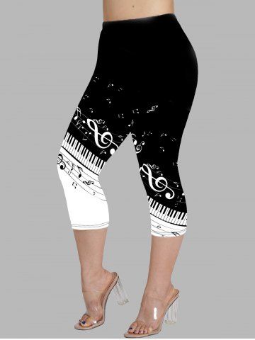 Plus Size Music Note Print Colorblock Cropped Casual Capri Leggings - MULTI-A - 3X