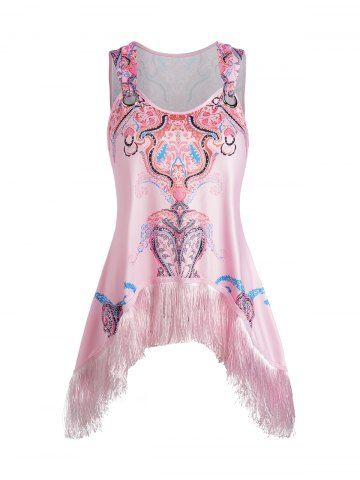 Paisley Print Fringed Asymmetric Tank Top - LIGHT PINK - S