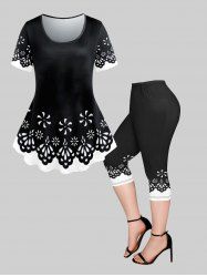 Floral Printed Short Sleeves T-shirt and Pocket Capri Leggings Plus Size Matching Set -  